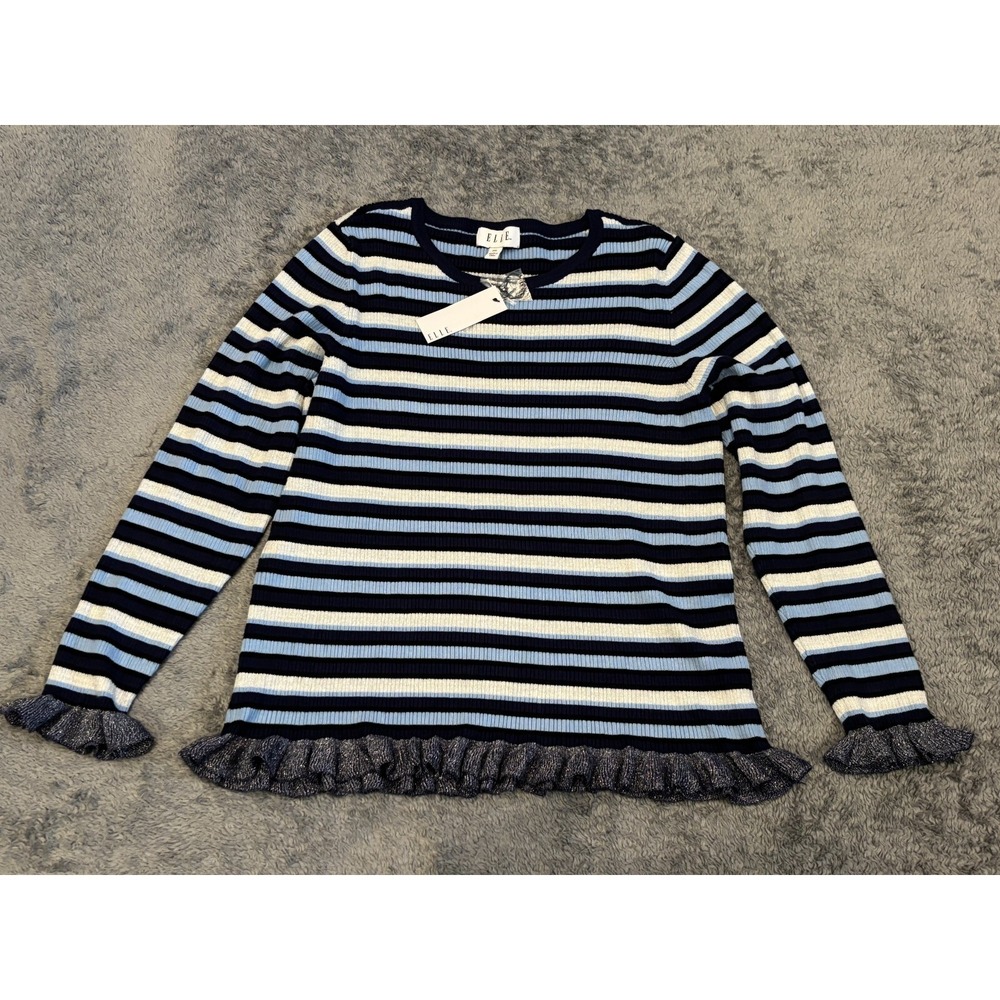 NWT Elle Sweater Girls XXL Blue Striped Long Sleeve Ruffle Hem Shimmer Stretch
